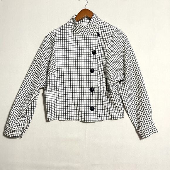 Cabi Grid Print Asymmetrical Button Up Jacket Blazer High Neck - Size‎ XS - Picture 2 of 9